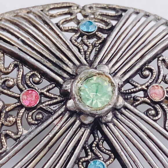 Antique Edwardian Uranium Glass Brooch Filigree 1910s Art Deco Transition VTG - Picture 5 of 10